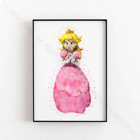 Gaming 'PRINCESS PEACH' Mario Watercolour Splash Wall Art Print