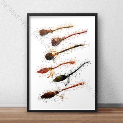 Wizarding World 'BROOMSTICKS' Maigical Harry Potter / Fantastic Beasts Watercolour Splash Wall Art Print