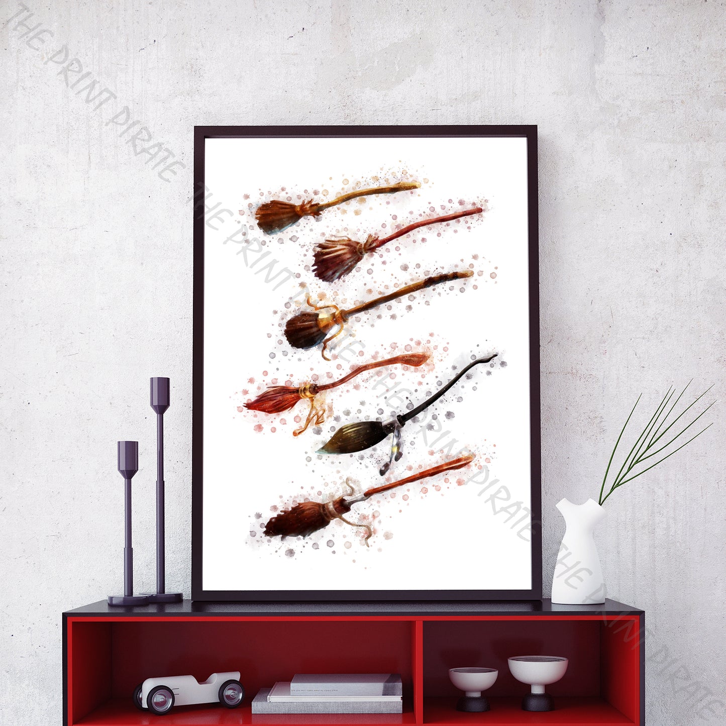 Wizarding World 'BROOMSTICKS' Maigical Harry Potter / Fantastic Beasts Watercolour Splash Wall Art Print