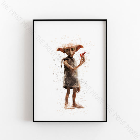 Wizarding World 'HOUSE ELF DOBBY' Hogwarts Harry Potter / Fantastic Beasts Watercolour Splash Wall Art Print