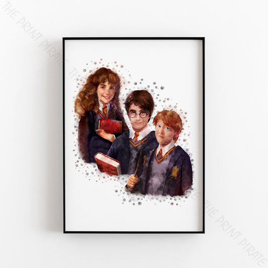 Wizarding World 'HARRY, RON & HERMIONE' Golden Trio Hogwarts Harry Potter / Fantastic Beasts Watercolour Splash Wall Art Print