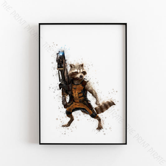 Superhero 'ROCKET RACOON' Marvel Watercolour Splash Wall Art Print