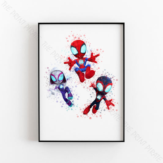 Superhero 'SPIDERMAN AND HIS AMAZING FRIENDS' Marvel Watercolour Splash Wall Art Print