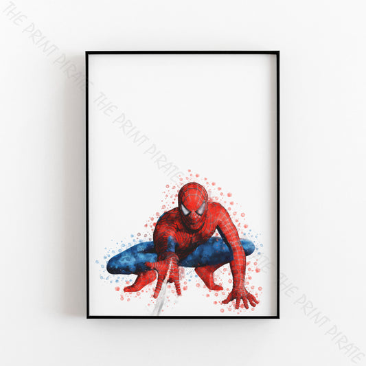 Superhero 'SPIDERMAN' Crouching No.2 Marvel Watercolour Splash Wall Art Print