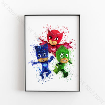 Pj Masks 'CATBOY, GEKKO AND OWLETTE' Watercolour Splash Wall Art Print