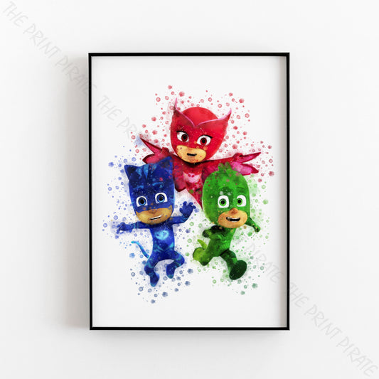 Pj Masks 'CATBOY, GEKKO AND OWLETTE' Watercolour Splash Wall Art Print