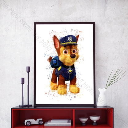 Paw Patrol 'CHASE' Watercolour Splash Wall Art Print