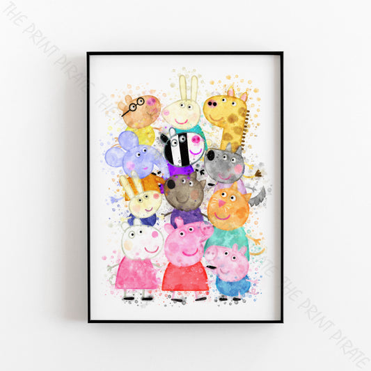 Peppa Pig 'PEPPA AND FRIENDS' Watercolour Splash Wall Art Print