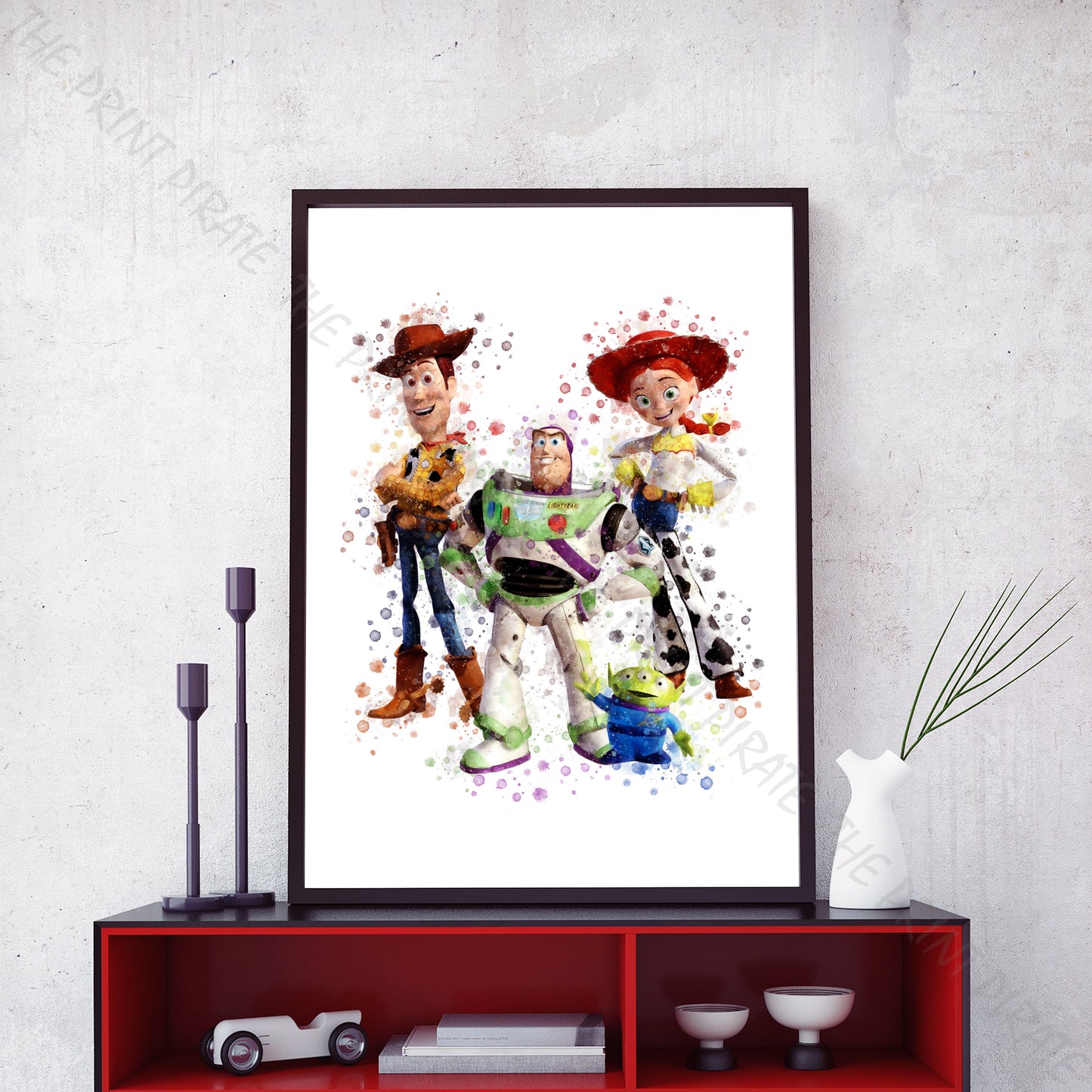 Disney Pixar 'WOODY, BUZZ AND JESSIE' Toy Story Watercolour Splash Wall Art Print