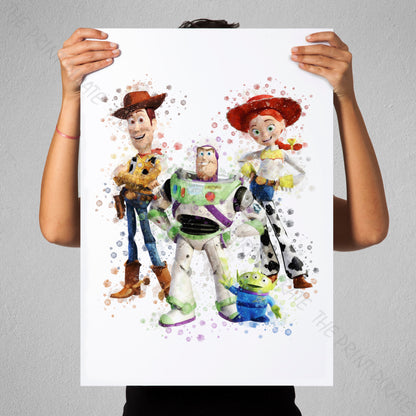 Disney Pixar 'WOODY, BUZZ AND JESSIE' Toy Story Watercolour Splash Wall Art Print