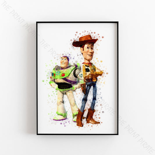 Disney Pixar 'WOODY AND BUZZ' Toy Story Watercolour Splash Wall Art Print