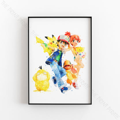 Pokemon 'ASH, MISTY AND FRIENDS' Watercolour Splash Wall Art Print