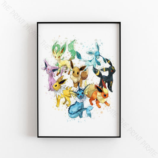 Pokemon 'EEVEE EVOLUTIONS' Watercolour Splash Wall Art Print