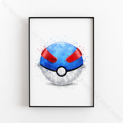 Pokemon 'GREAT BALL' Pokeball Watercolour Splash Wall Art Print