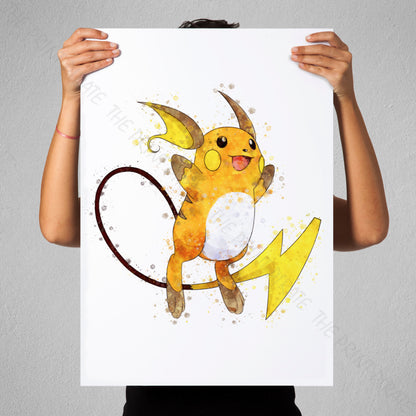 Pokemon 'RAICHU' Watercolour Splash Wall Art Print