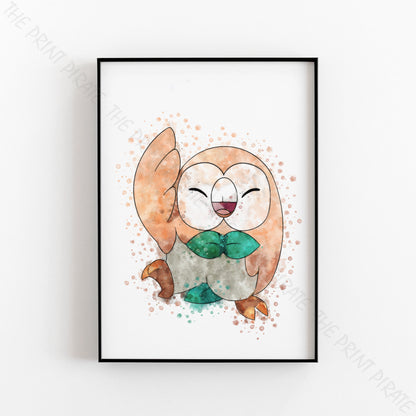 Pokemon 'ROWLET' Watercolour Splash Wall Art Print