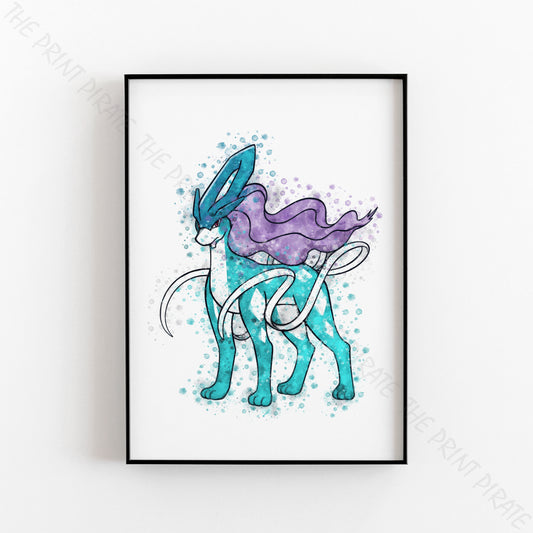 Pokemon 'SUICUNE' Watercolour Splash Wall Art Print