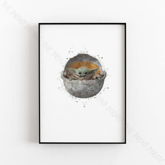 Star Wars 'BABY YODA  / GROGU POD' Watercolour Splash Wall Art Print