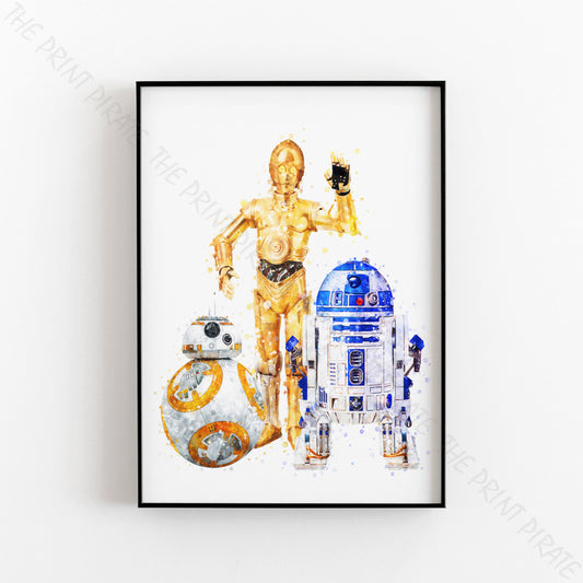 Star Wars 'R2-D2, C3PO & BB-8' Droid Watercolour Splash Wall Art Print